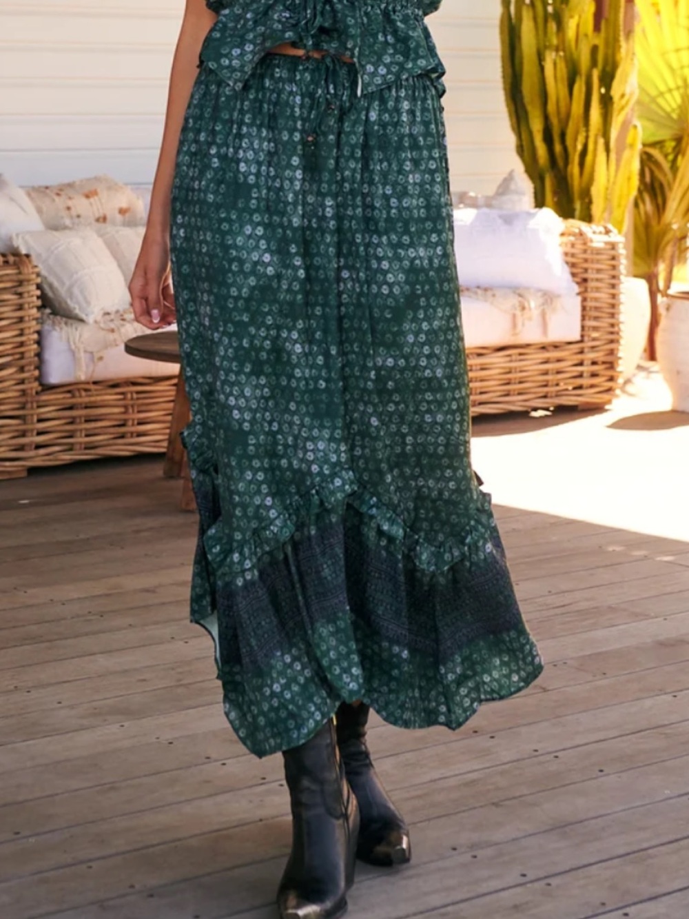 Free People dreambound Dark Green Patterned Asymmetrical Maxi Skirt
